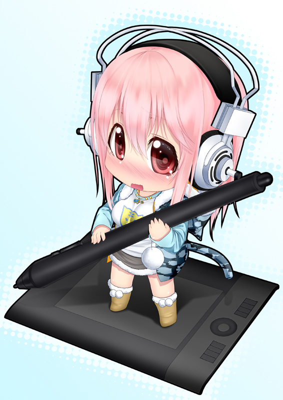 blush breasts chibi headphones kai_(link2262) long_hair looking_at_viewer medium_breasts nitroplus open_mouth pink_eyes pink_hair solo stylus super_sonico tablet wacom wavy_mouth