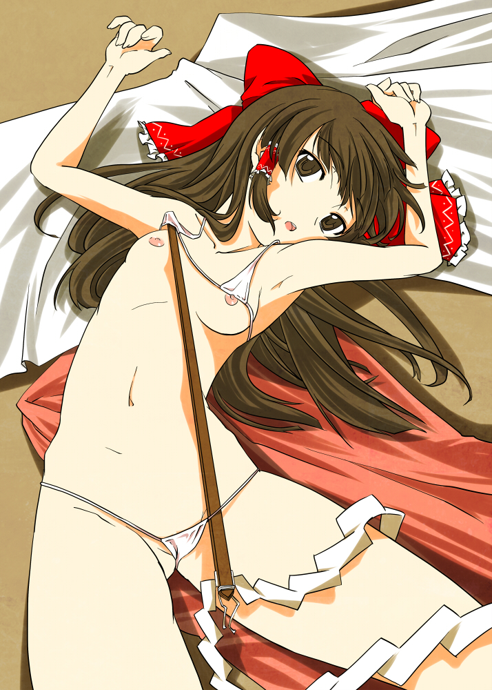armpits arms_up bikini bikini_lift bow breasts brown_eyes brown_hair collarbone dress dress_removed gohei groin hair_bow hair_tubes hakurei_reimu kanoe lifted_by_another long_hair looking_at_viewer lying micro_bikini navel nipples on_back open_mouth partially_visible_vulva small_breasts solo swimsuit touhou very_long_hair white_bikini