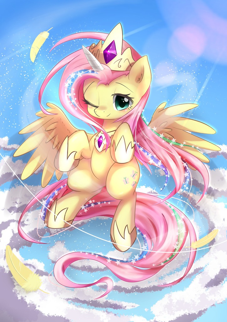 blush cloud crown cutie_mark equine feathers female fluttershy_(mlp) friendship_is_magic fur hair hooves horn looking_at_viewer mammal my_little_pony necklace one_eye_closed pegasus pink_hair solo sparkles wings yellow_fur