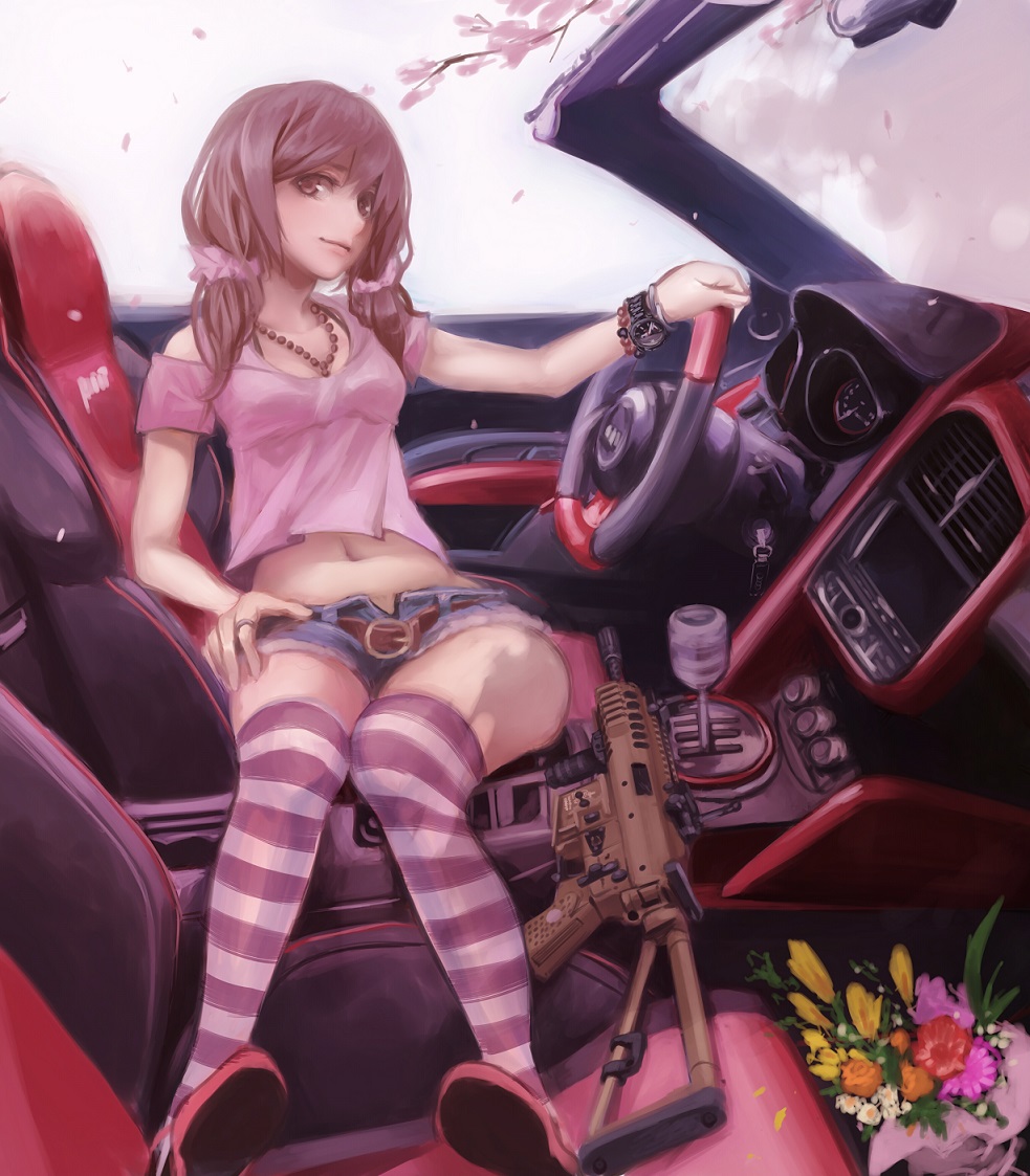 assault_rifle audi audi_r8 bad_id bad_pixiv_id belt brown_eyes brown_hair car car_interior cherry_blossoms flower ground_vehicle gun jewelry kac_pdw koh_(minagi_kou) long_hair looking_at_viewer mecha_request midriff motor_vehicle navel necklace original petals rifle shorts solo striped striped_legwear thighhighs twintails vertical_foregrip watch weapon wristwatch