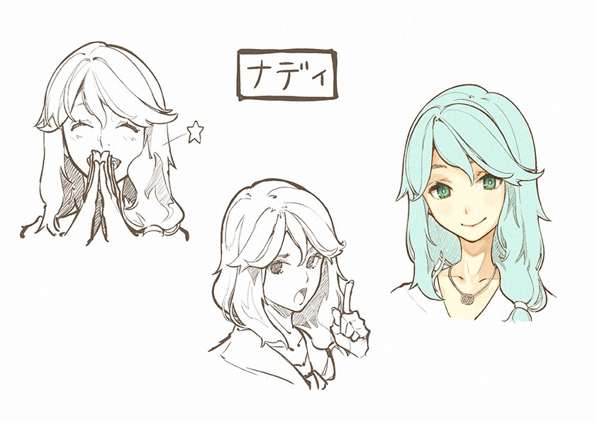 ^_^ aqua_eyes aqua_hair atelier_(series) atelier_shallie bangs blush character_sheet closed_eyes collarbone hair_ornament hair_over_shoulder hair_tie hands hands_together hidari_(left_side) index_finger_raised jewelry long_hair looking_at_viewer monochrome multiple_views nady_elminus official_art open_mouth pendant simple_background smile star white_background