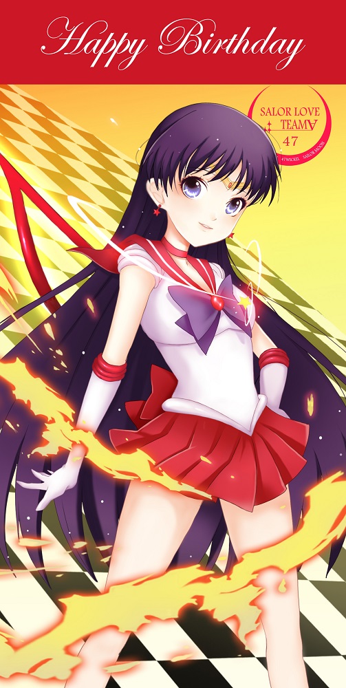back_bow bishoujo_senshi_sailor_moon black_hair bow checkered checkered_floor circlet earrings elbow_gloves fire gloves happy_birthday hino_rei jewelry light_smile long_hair parted_lips pleated_skirt purple_eyes red_sailor_collar red_skirt sailor_collar sailor_mars sailor_senshi_uniform skirt solo star very_long_hair wang_jiabo white_gloves