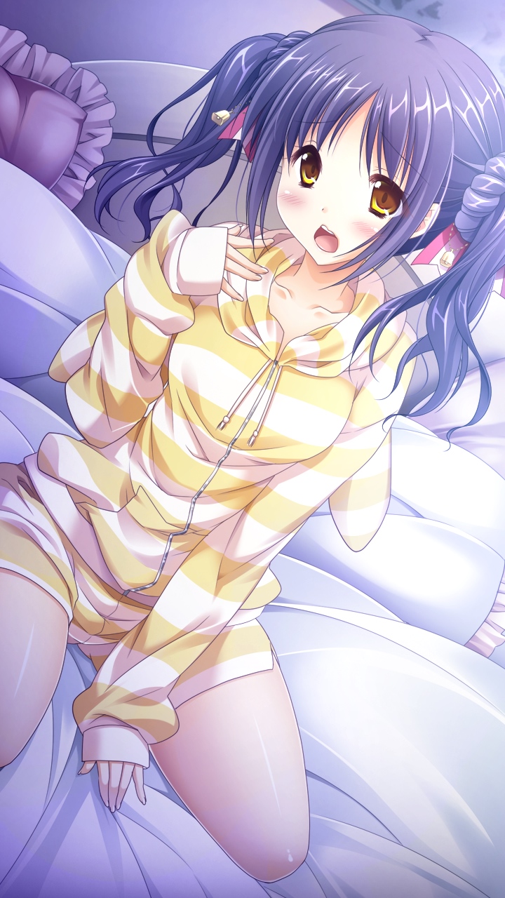 1girl 3-nin_iru! bed bell blush collarbone game_cg nakase_nagisa open_mouth pajamas purple_hair striped striped_pajamas suzui_narumi twintails yellow_eyes