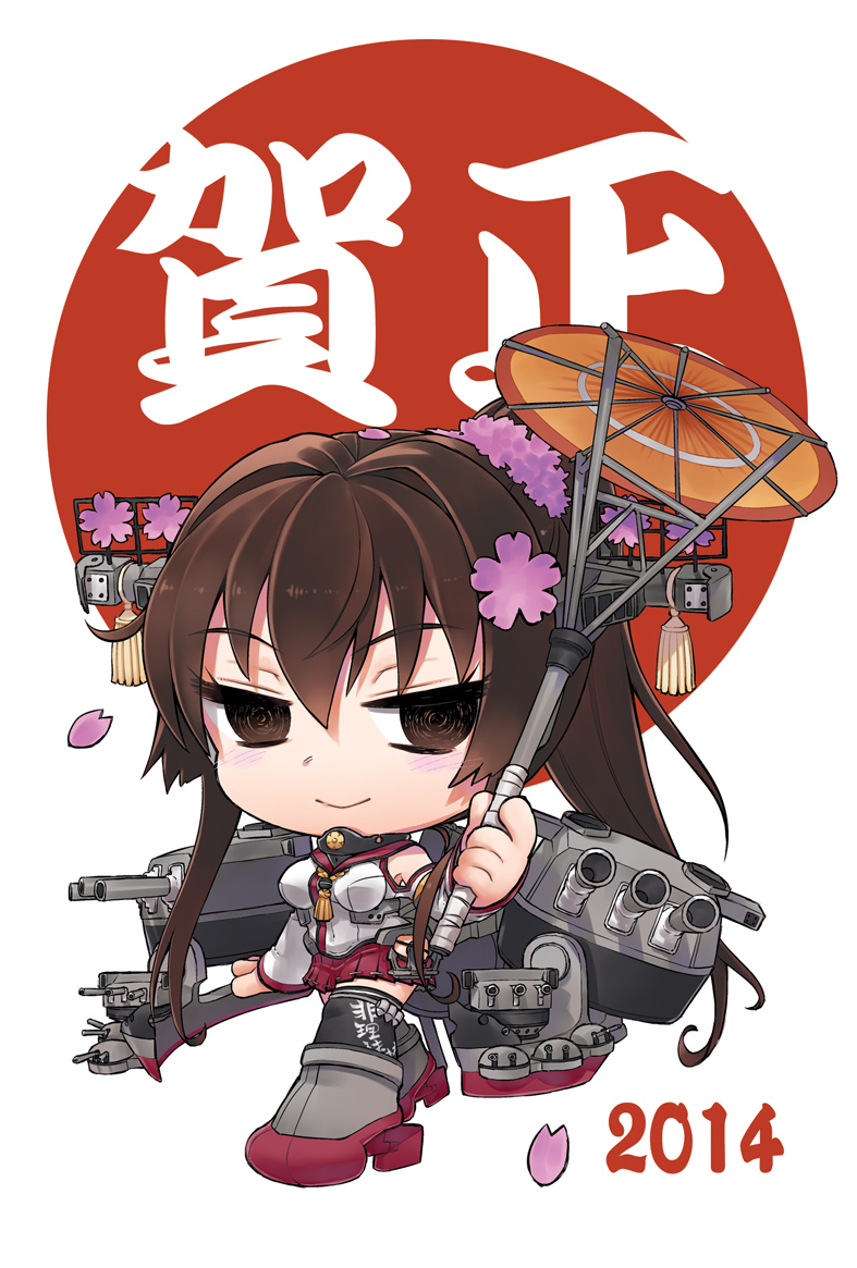 2014 abua breasts brown_eyes brown_hair chibi covered_navel dated high_ponytail kantai_collection long_hair medium_breasts oriental_umbrella petals simple_background skirt solo umbrella white_background yamato_(kantai_collection)