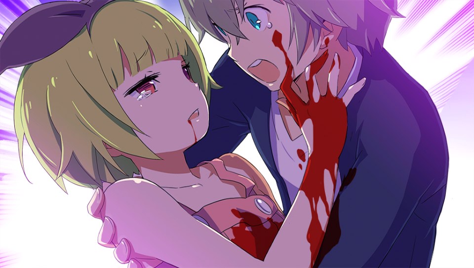 1girl bleeding blood blood_from_mouth blood_on_face bloody_clothes bloody_hands blue_eyes blue_shirt conception_2 dress ellie_(conception_2) empty_eyes green_hair grey_hair hair_ribbon hairband hand_on_another's_face open_mouth pink_dress protagonist_(conception_2) purple_hairband red_eyes ribbon screencap shirt spoilers tears