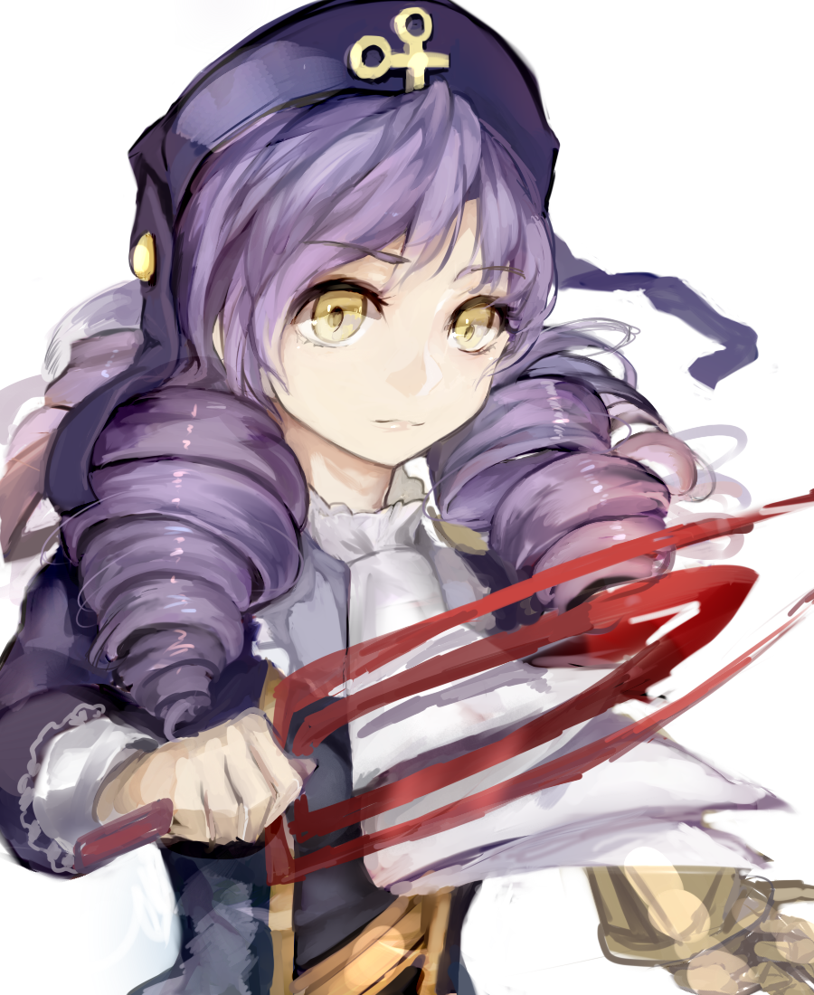 cravat dlanor_a_knox drill_hair eiserne_jungfrau energy_sword hat kafi purple_hair sword umineko_no_naku_koro_ni weapon yellow_eyes