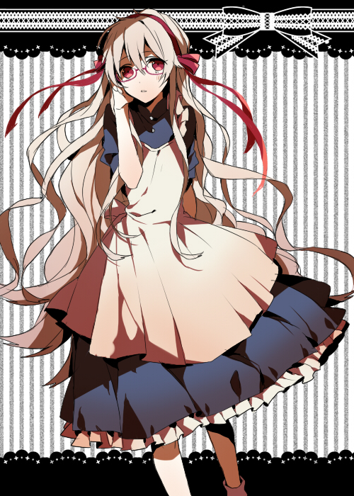 apron bespectacled blonde_hair dress glasses hair_ribbon kagerou_project kozakura_marry long_hair red_eyes ribbon solo very_long_hair wonoco0916