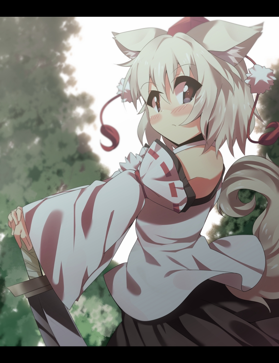 animal_ears bad_id bad_pixiv_id bare_shoulders blush detached_sleeves hat inubashiri_momiji looking_at_viewer pom_pom_(clothes) red_eyes shirt short_hair silver_hair skirt solo sword tail takashiru tokin_hat touhou weapon wolf_ears wolf_tail