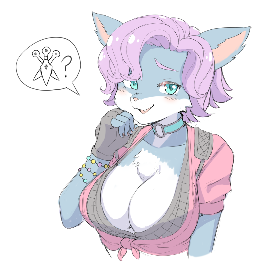2018 ? anthro big_breasts blush bracelet breasts canine chest_tuft cleavage clothed clothing collar fangs female fox fur hair jewelry looking_at_viewer mammal paladins pepper_(paladins) purple_fur simple_background solo tongue tuft unknown_artist white_background
