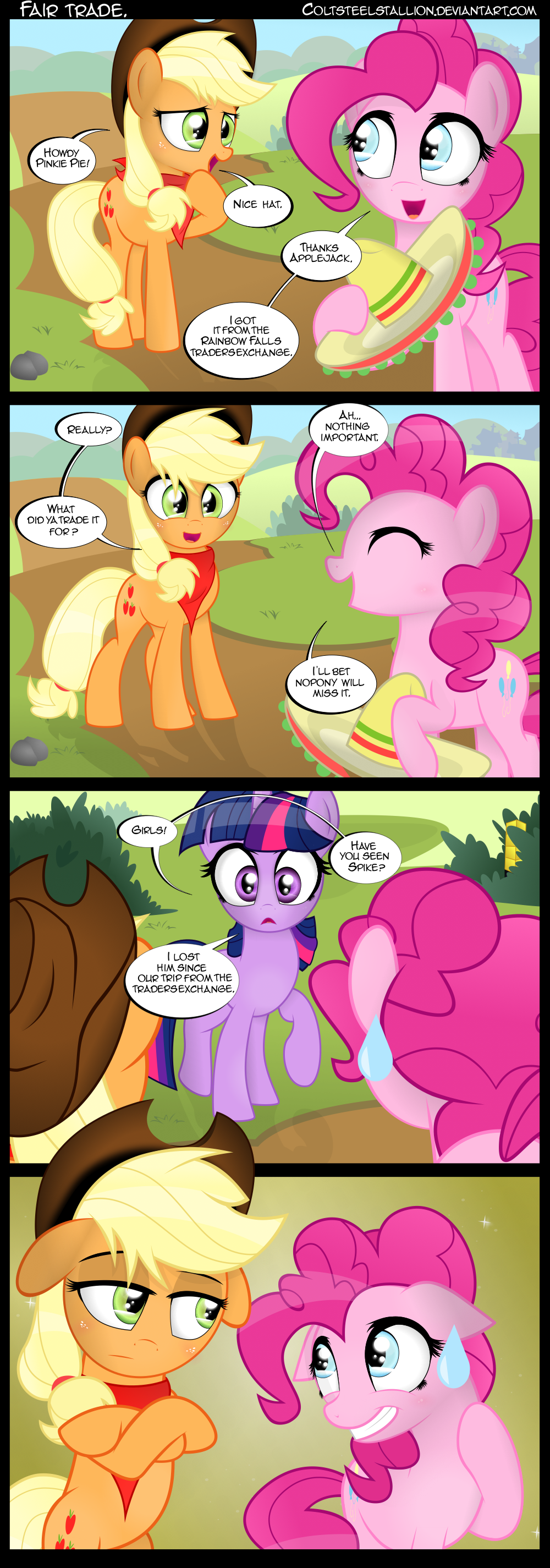 applejack_(mlp) blonde_hair blue_eyes coltsteelstallion comic cowboy_hat cutie_mark dialog earth_pony english_text equine female freckles friendship_is_magic glare grass green_eyes group hair hat horn horse mammal my_little_pony nervous outside path pink_hair pinkie_pie_(mlp) pony purple_eyes rock roosterteeth scarf sky sombrero speech_balloon sweat teeth text tower_of_pimps twilight_sparkle_(mlp) unicorn