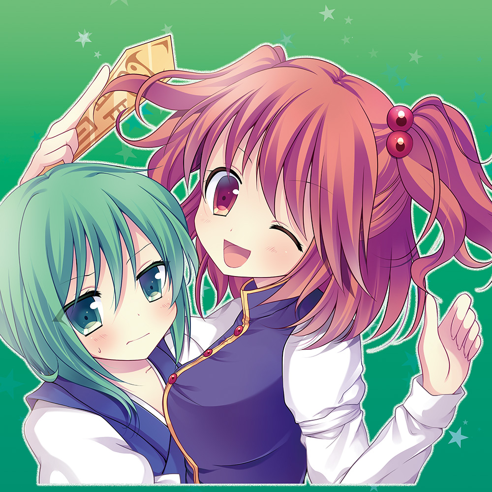 blush breast_envy breasts cosplay costume_switch flat_chest frown green_background green_eyes green_hair hair_bobbles hair_ornament large_breasts looking_at_viewer multiple_girls no_hat no_headwear one_eye_closed onozuka_komachi onozuka_komachi_(cosplay) open_mouth red_eyes red_hair rod_of_remorse shiki_eiki shiki_eiki_(cosplay) short_hair smile star starry_background swami sweatdrop touhou two_side_up