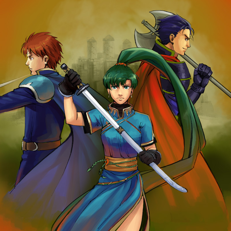 armor axe belt blue_eyes blue_hair cape castle circlet drawing_sword earrings eliwood_(fire_emblem) fire_emblem fire_emblem:_rekka_no_ken gloves green_eyes green_hair hector_(fire_emblem) high_ponytail holding holding_axe jewelry long_hair lyndis_(fire_emblem) nemi pauldrons ponytail rapier red_eyes red_hair sheath side_slit sword unsheathing very_long_hair weapon