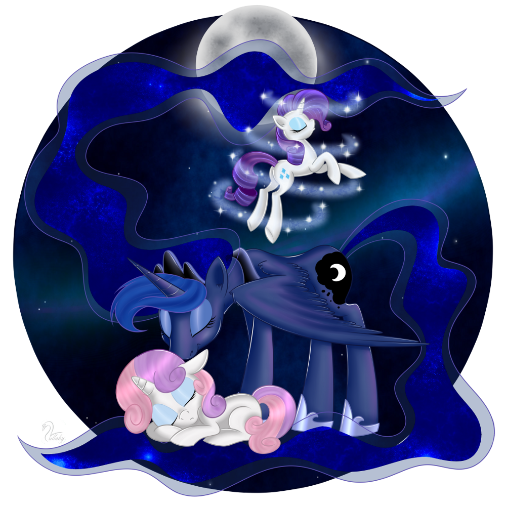 alpha_channel blue_hair crown cutie_mark equine eyes_closed eyeshadow female friendship_is_magic fur group hair horn levitation makeup mammal moon my_little_pony necklace night plain_background princess_luna_(mlp) purple_hair rarity_(mlp) sleeping sparkles swanlullaby sweetie_belle_(mlp) transparent_background unicorn white_fur winged_unicorn wings young