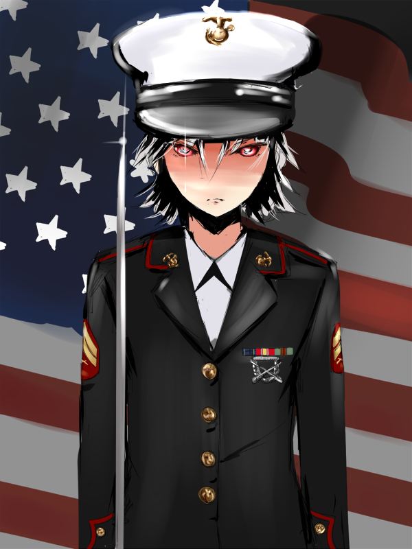 alternate_costume alternate_hairstyle america american_flag arms_at_sides badge error flag_background frown glint hat izayoi_sakuya looking_at_viewer marine_corps medal military military_hat military_uniform piitan2_mokotan red_eyes short_hair silver_hair solo sword touhou uniform weapon