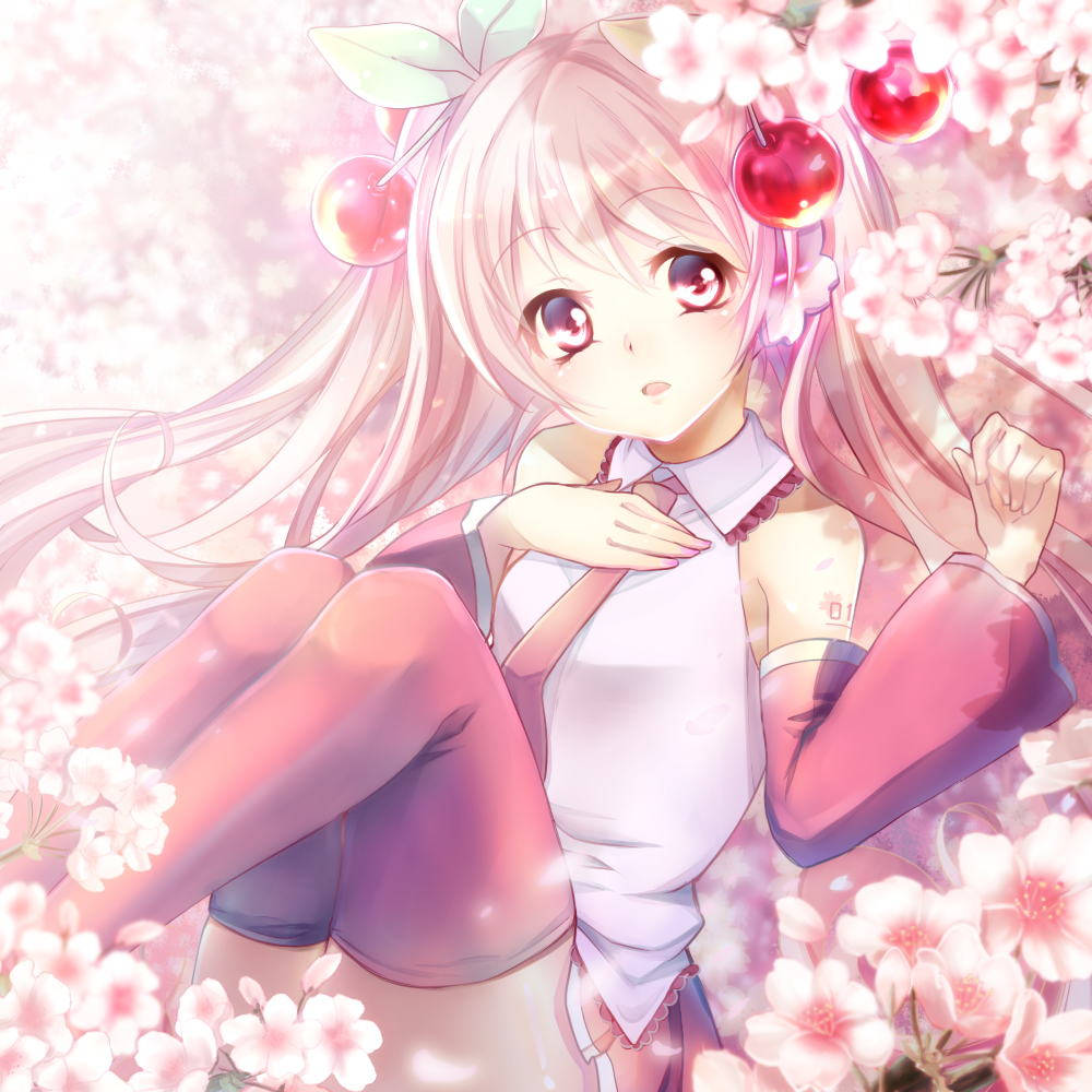 boots cherry cherry_blossoms detached_sleeves food fruit hand_on_own_chest hatsune_miku long_hair looking_at_viewer maronie. necktie pink_eyes pink_footwear pink_hair sakura_miku skirt solo thighhighs vocaloid