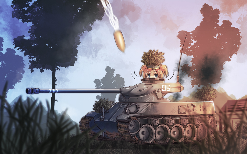 blonde_hair blue_eyes cannon caterpillar_tracks envada ground_vehicle hat lorraine_40t military military_vehicle motor_vehicle muzzle_brake short_twintails solo tank tank_shell tree twintails world_of_tanks