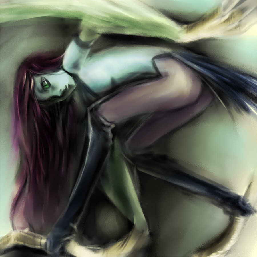 bent_over claws duel_monster feathered_wings feathers green_eyes green_skin harpie_lady harpy lb2_take long_hair monster_girl purple_eyes slit_pupils solo wings yuu-gi-ou