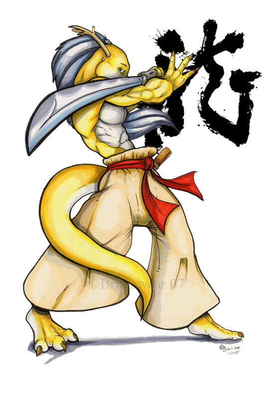2007 3_toes 4_fingers anthro chinese_dragon dragon hair long_hair looking_at_viewer male scalie solo sword topless warrior weapon wolfgangcake yellow_dragon