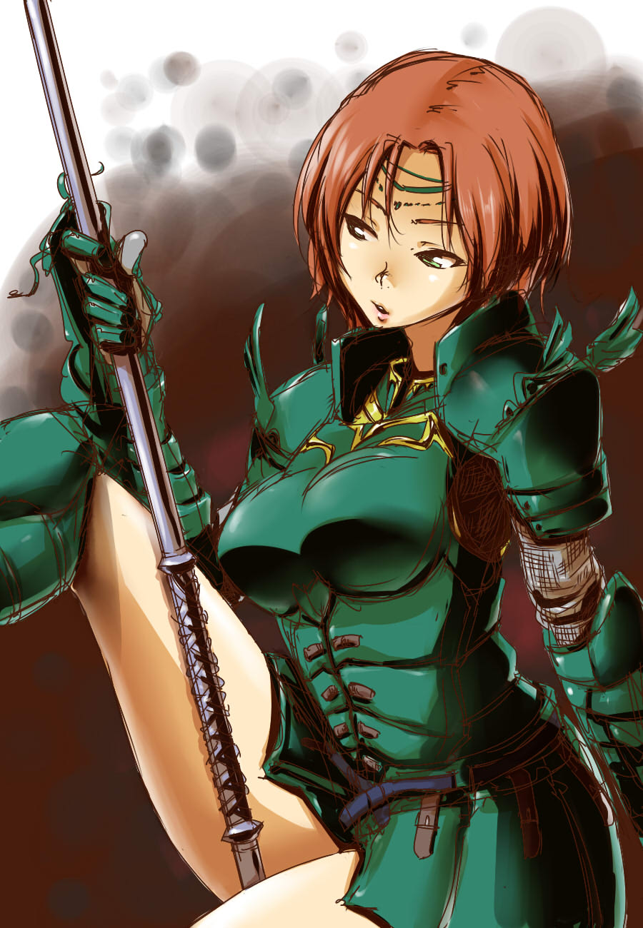aelia armor green_eyes highres nukkoru polearm red_hair short_hair sitting solo spear tiara valkyrie_profile weapon