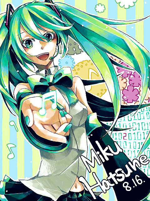 aqua_eyes aqua_hair bad_id bad_pixiv_id detached_sleeves hatsune_miku headphones headset long_hair navel necktie skirt smile solo sorakura_shikiji tegaki twintails vocaloid