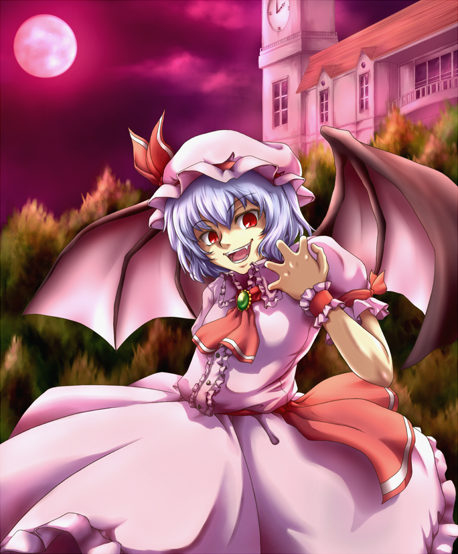 bat_wings building moon red_moon remilia_scarlet scarlet_devil_mansion seven_star solo touhou wings
