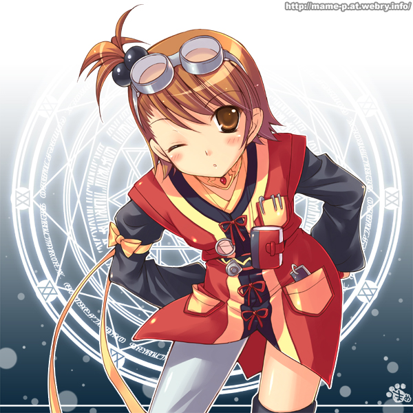 brown_eyes brown_hair company_connection cosplay futami_ami gloves goggles hair_bobbles hair_ornament idolmaster idolmaster_(classic) mame-p namco rita_mordio rita_mordio_(cosplay) short_hair side_ponytail solo tales_of_(series) tales_of_vesperia thighhighs