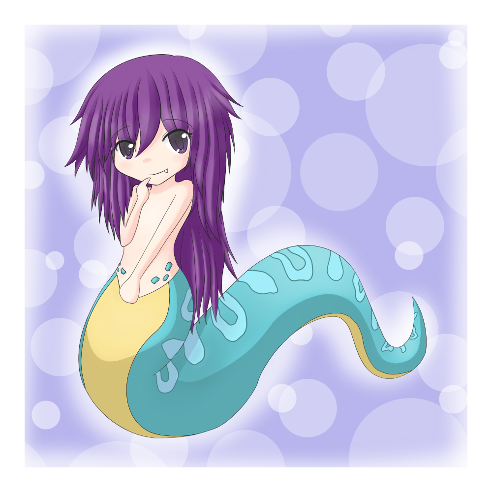 chibi fang lamia monster_girl purple_hair solo