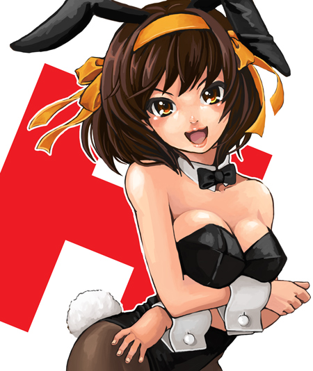 animal_ears bad_id bad_pixiv_id brown_eyes brown_hair bunny_ears bunny_tail bunnysuit h lipstick makeup miyaya pantyhose short_hair solo suzumiya_haruhi suzumiya_haruhi_no_yuuutsu tail