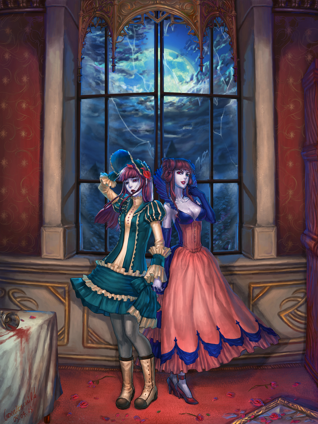 bad_id bad_pixiv_id blood bonnet boots breasts broken_glass broken_mirror castlevania castlevania:_portrait_of_ruin cleavage cloud dress elbow_gloves european_clothes flower forest frills glass gloves goblet goenitzchild heterochromia high_heels highres large_breasts lips lipstick long_hair loretta_lecarde makeup mirror moon moonlight multiple_girls nature pale_skin pantyhose petals purple_hair rose shoes siblings signature skirt sky spill stella_lecarde table twins vampire window