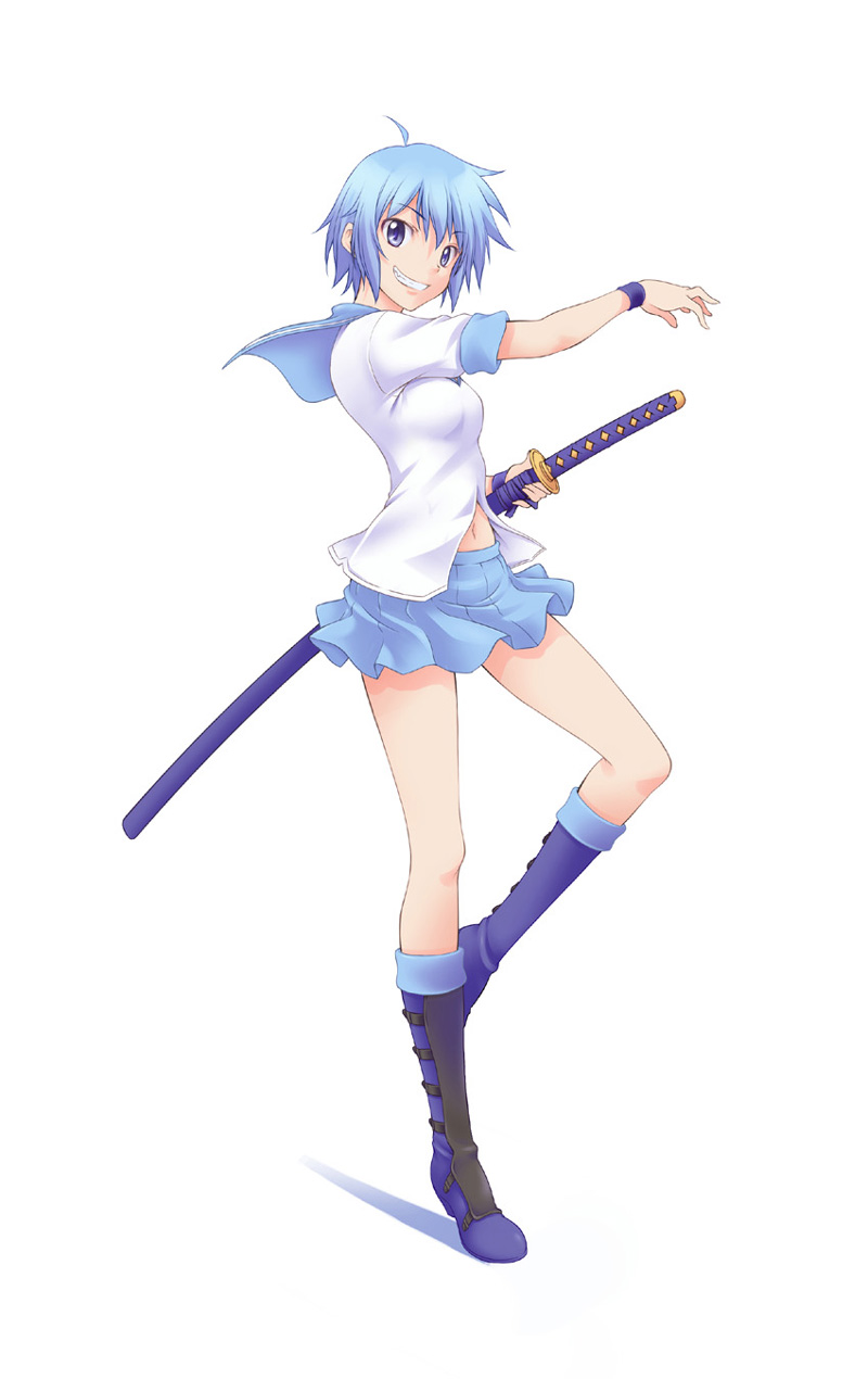 ahoge avatar_base bad_id bad_pixiv_id blue_hair boots commentary_request grin highres katana knee_boots looking_at_viewer navel onizuka_takuto original parted_lips school_uniform serafuku short_hair simple_background skirt smile solo sword weapon white_background wristband
