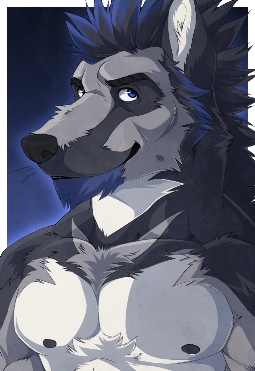 aluminemsiren anthro biceps black_fur black_hair black_nipples black_nose blue_fur blue_hair canine chest_tuft dog flexing fur grey_fur grin hair looking_at_viewer male mammal muscles nipples pecs plain_background pose smile solo teeth toned topless tuft white_fur