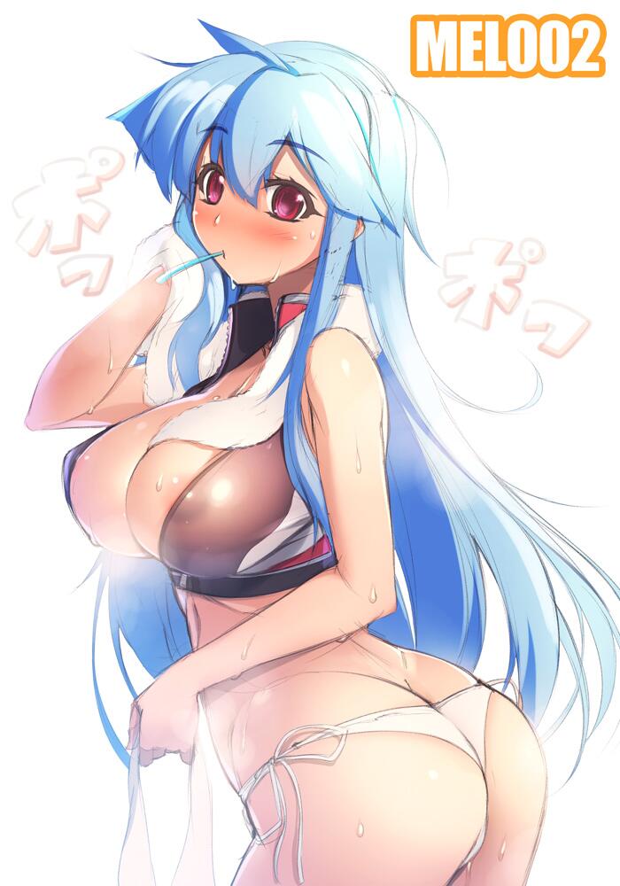 blue_hair blush breasts cleavage jpeg_artifacts large_breasts long_hair md5_mismatch mel/a melmaid mouth_hold no_pants original panties red_eyes side-tie_panties simple_background solo towel towel_around_neck underwear white_panties