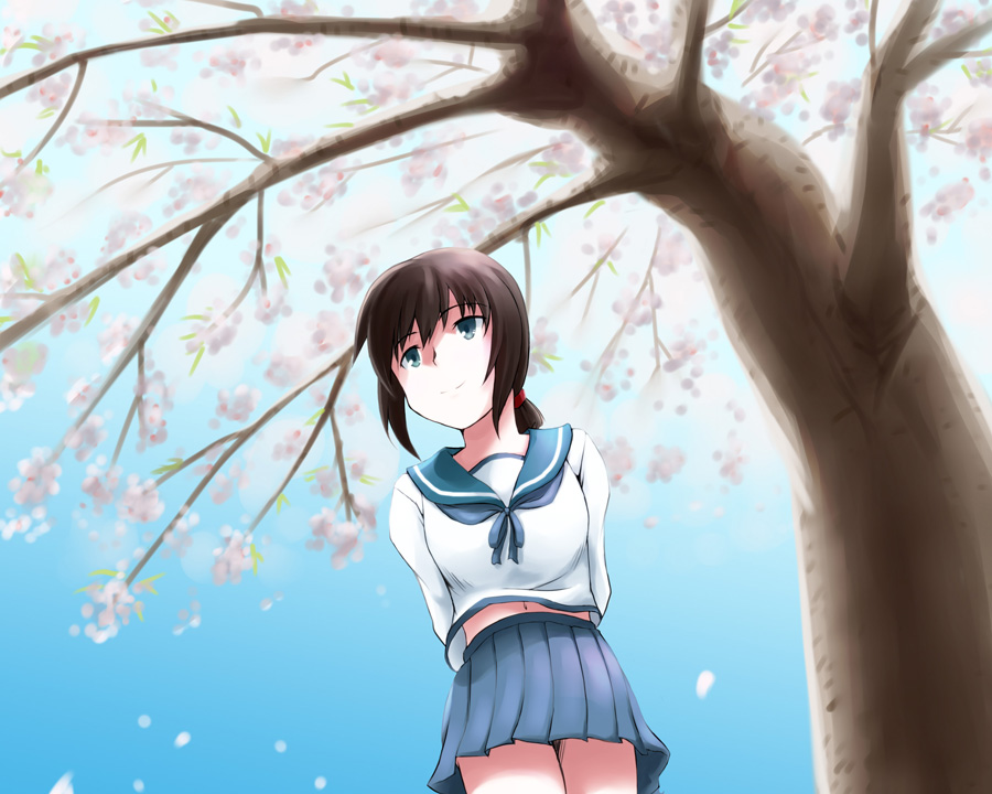 black_hair blue_eyes brown_hair cherry_blossoms fubuki_(kantai_collection) huziki1979hiro0818 kantai_collection long_sleeves neckerchief pleated_skirt ponytail school_uniform serafuku short_hair skirt smile solo tree