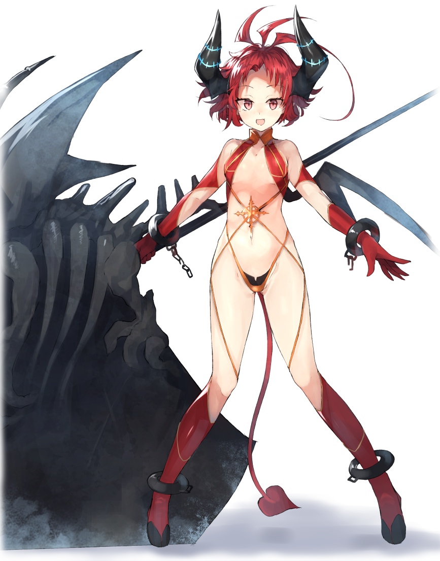 1girl :d antenna_hair bare_shoulders boots breasts chains character_request collarbone commentary_request copyright_request cuffs demon_tail demon_wings forehead full_body gloves groin horns kasuka_(kusuki) knee_boots navel open_mouth red_eyes red_footwear red_gloves red_hair revealing_clothes shackles shadow short_hair simple_background small_breasts smile solo standing stomach tail thighs white_background wings