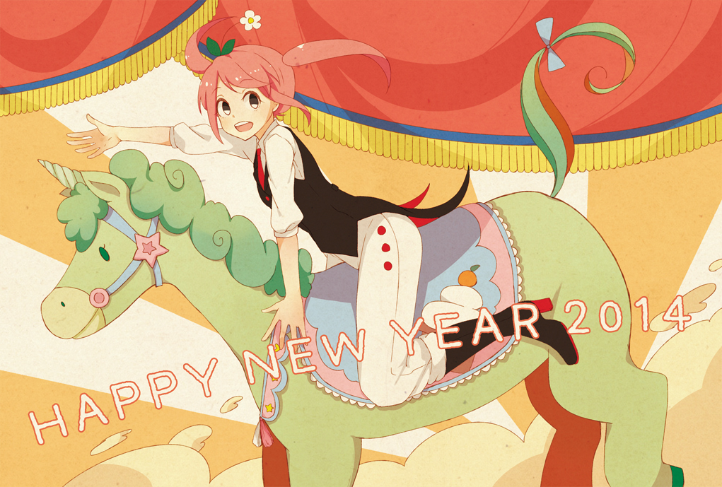 2014 bad_id bad_pixiv_id black_eyes bow carousel happy_new_year kinokomeshi long_hair new_year open_mouth original pink_hair sitting smile solo twintails unicorn vest