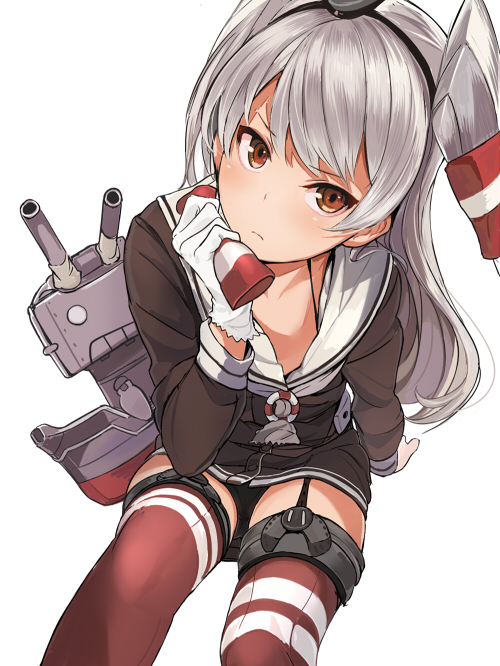 akaitera amatsukaze_(kantai_collection) bad_id bad_nicoseiga_id banned_artist black_panties brown_eyes kantai_collection long_hair looking_to_the_side panties pantyshot rensouhou-kun simple_background solo thighhighs two_side_up underwear