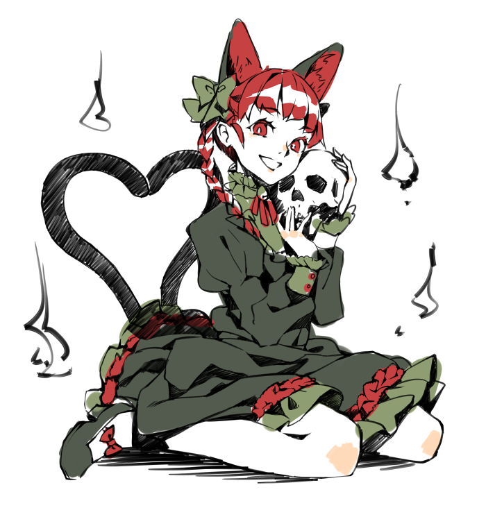 animal_ears bare_legs bow braid cat_ears cat_tail dress extra_ears hair_bow heart heart_tail kaenbyou_rin long_hair looking_at_viewer multiple_tails red_eyes red_hair simple_background sketch skull solo tail touhou twin_braids weee_(raemz) white_background
