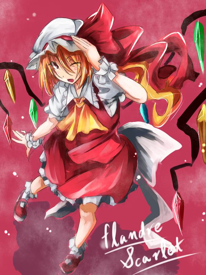 ascot blonde_hair blush_stickers bow character_name flandre_scarlet hat hat_bow kinsenka one_eye_closed red_eyes solo touhou wings