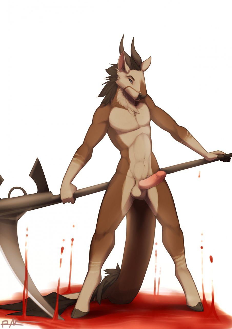 abs amazing anthro balls barefoot blood erection fur grasp half-closed_eyes hi_res holding hooves horn humanoid_penis looking_at_viewer lost-paw male muscles nude pecs penis scythe solo unknown_species weapon