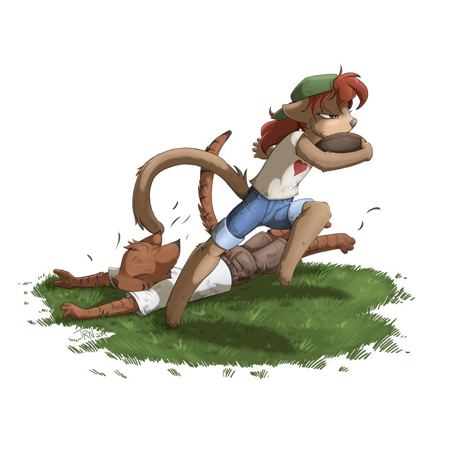 &lt;3 brother brown_fur charlie clothing determined dirty eyes_closed feline female football fur grass hair hat jay_naylor long_hair long_tail male mammal ponytail red_hair shirt short_hair shorts sibling sister stripes victor