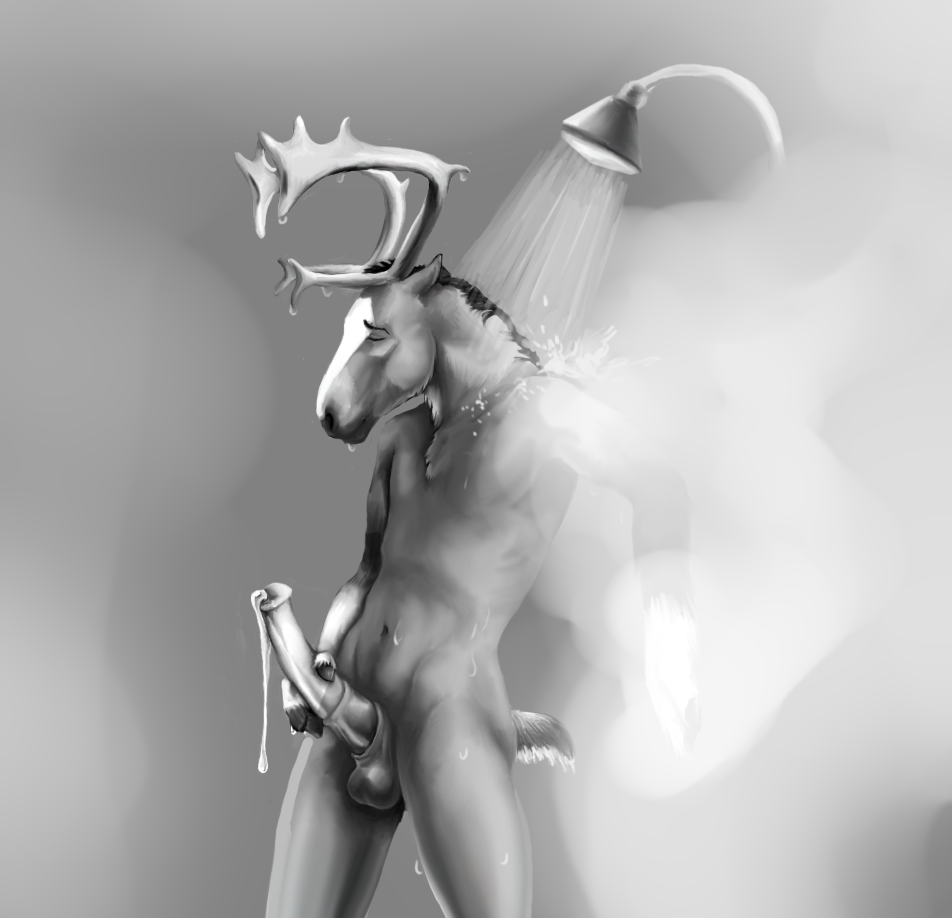 anthro antlers balls caribou equine eriatarka greyscale horn horse horsecock hybrid male mammal masturbation monochrome penis shower solo