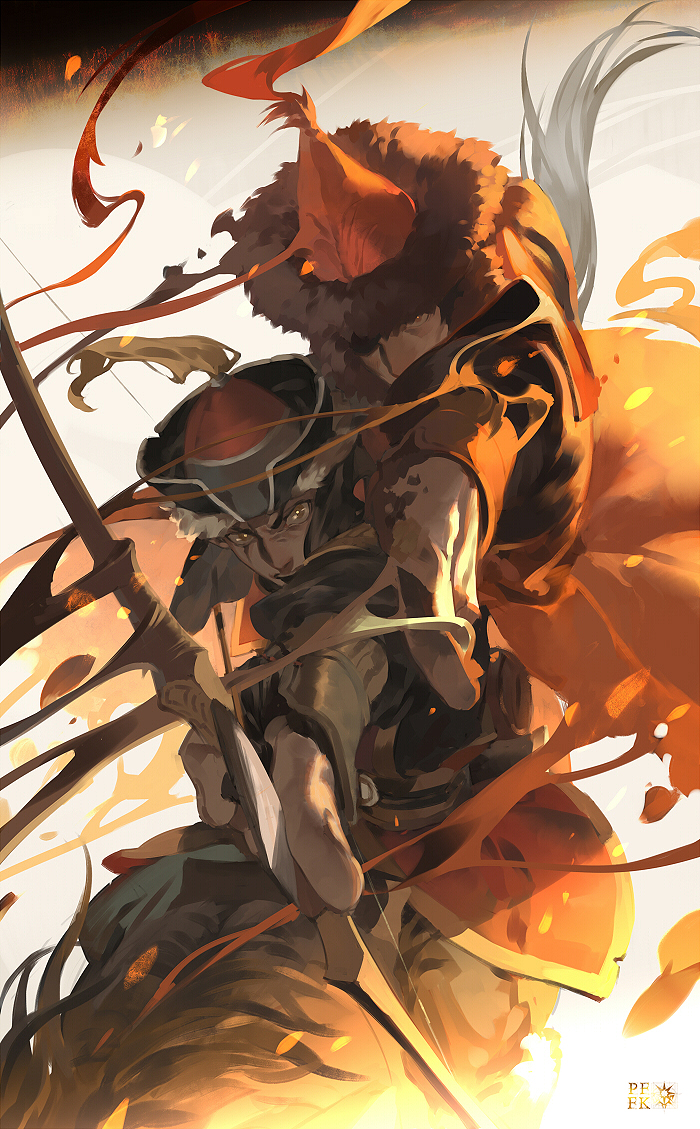 aiming aiming_at_viewer angry animal armor arrow bow_(weapon) copyright_name dissolving fur_trim hat holding holding_bow_(weapon) holding_weapon horseback_riding long_sleeves looking_at_viewer male_focus multiple_boys one_eye_covered outstretched_arm pixiv_fantasia pixiv_fantasia_fallen_kings pointing red_eyes red_hair rei_(sanbonzakura) riding rotting torn_clothes traditional_clothes weapon yellow_eyes