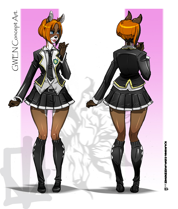 abstract_background anthro back black_nose blue_eyes breasts brown_fur cervine clothing deer female fur gwen_applebottom hair hollandworks kamina1978 knee_socks lips mammal model_sheet necktie orange_hair school_uniform schoolgirl shoes short_hair skirt small_breasts smile solo spots standing white_fur wide_hips