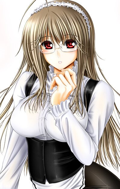 blonde_hair breasts glasses hand_on_own_face high_collar large_breasts long_hair looking_at_viewer maid maid_headdress original otone red_eyes simple_background solo white_background