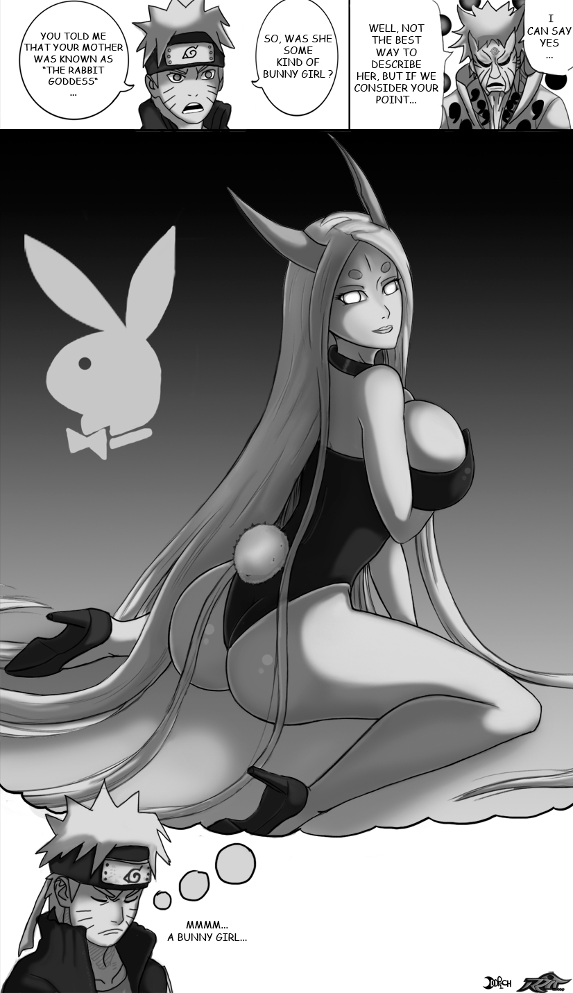 breast_rest breasts bunny_girl bunny_tail bunnysuit byakugan high_heels highres imagining long_hair looking_back monochrome naruto naruto_shippuuden oddmachine oddrich ootsutsuki_kaguya otsutsuki_kaguya reit smile tail thinking uzumaki_naruto very_long_hair