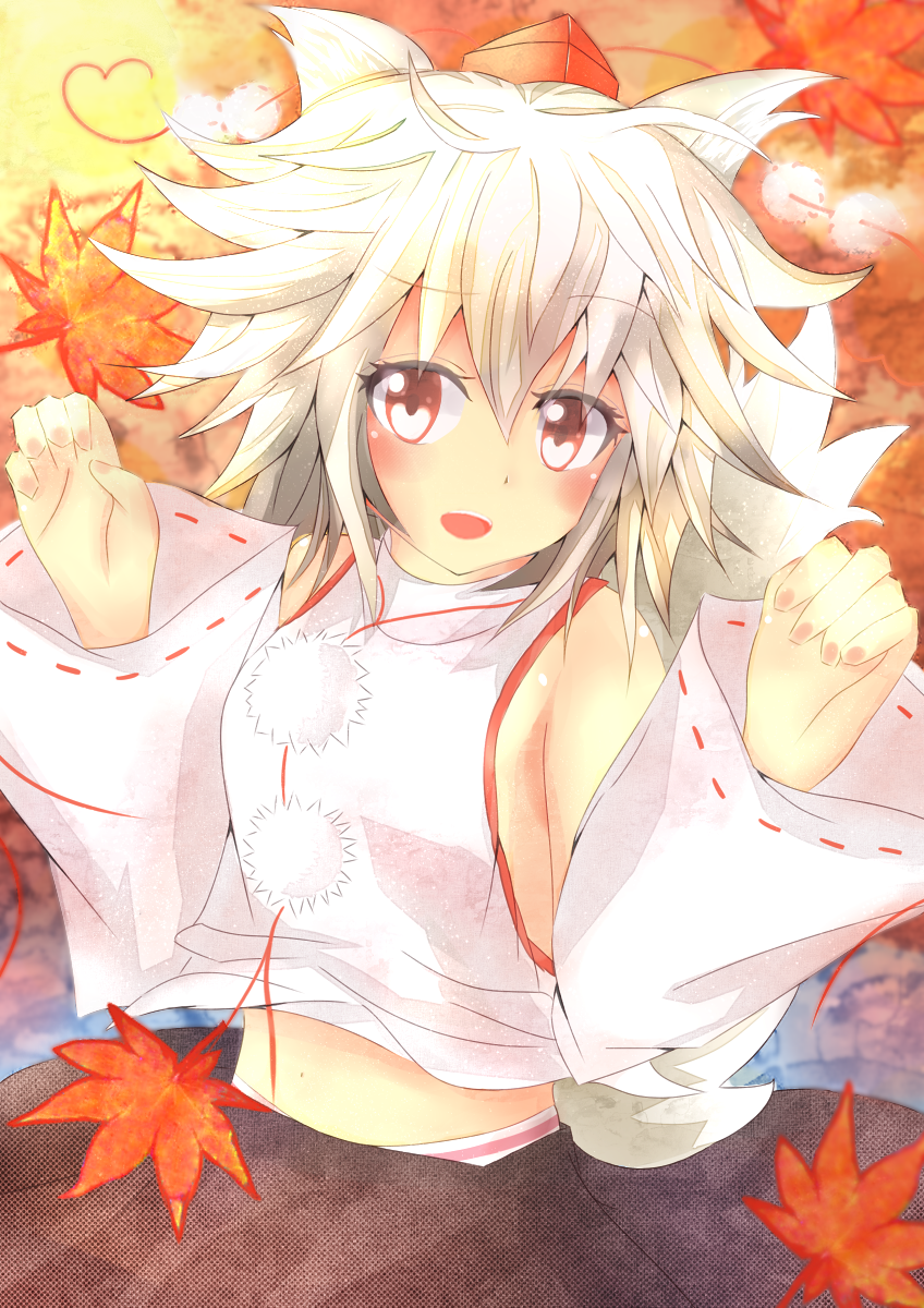 acoco animal_ears autumn_leaves bare_shoulders blush detached_sleeves hat highres inubashiri_momiji leaf looking_at_viewer midriff navel no_bra open_mouth panties pink_panties pom_pom_(clothes) red_eyes short_hair silver_hair skirt solo striped striped_panties tail tokin_hat touhou underwear wolf_ears wolf_tail