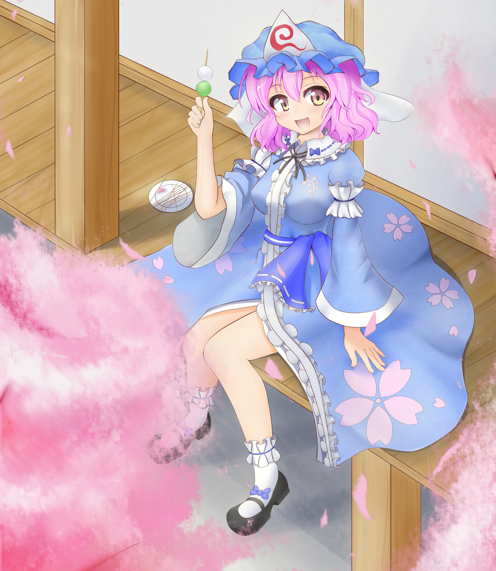 cherry_blossoms dango food from_above hat japanese_clothes kimono looking_at_viewer mary_janes open_mouth petals pink_eyes pink_hair plate saigyouji_yuyuko sanshoku_dango shoes sitting skewer socks solo touhou triangular_headpiece wagashi wide_sleeves ymd_(holudoun)
