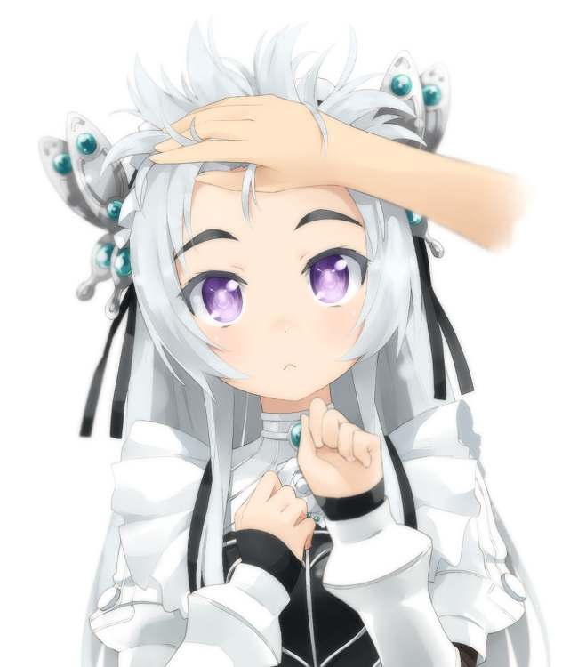:&lt; blush brooch chaika_trabant dress eyebrows forehead frown gem hair_ornament hair_ribbon hand_on_forehead haribote_(tarao) hitsugi_no_chaika jewelry long_hair long_sleeves purple_eyes ribbon silver_hair simple_background sleeves_past_wrists solo_focus spiked_hair tareme upper_body white_background
