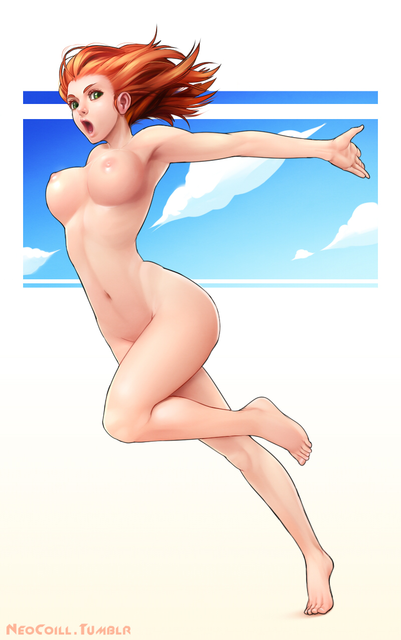 bad_id bad_tumblr_id barefoot breasts feet fingers green_eyes hands highres large_breasts lips navel neocoill nipples nude open_mouth orange_hair original outstretched_arm palms running solo toes watermark web_address