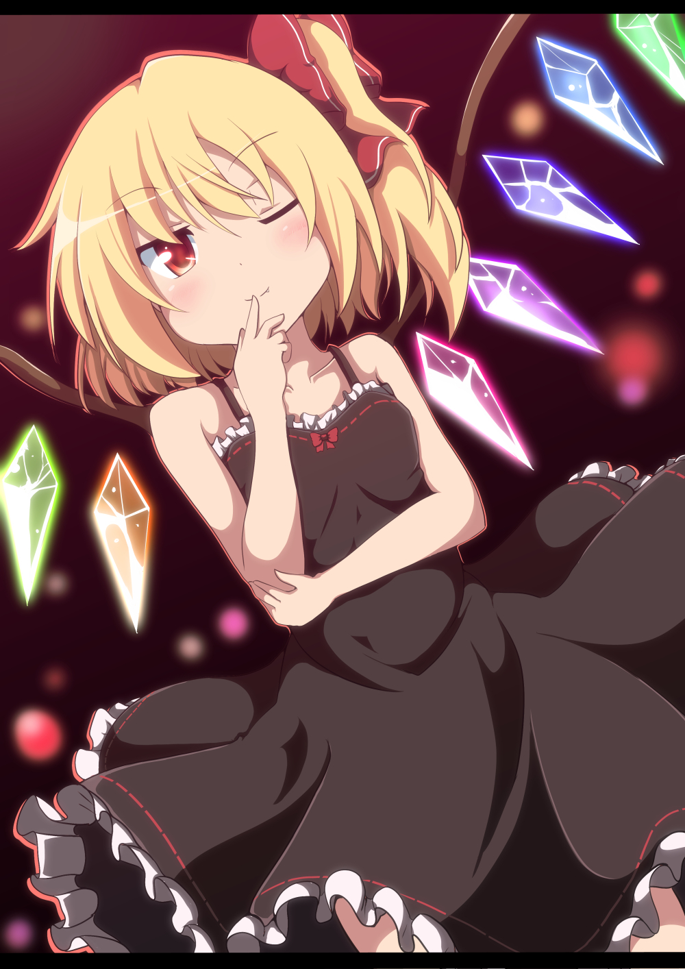 alternate_costume bare_arms black_dress bow collarbone do_(4-rt) dress fang finger_to_mouth flandre_scarlet glowing glowing_wings hair_bow highres letterboxed looking_at_viewer no_hat no_headwear one_eye_closed side_ponytail sleeveless sleeveless_dress smile solo touhou wings
